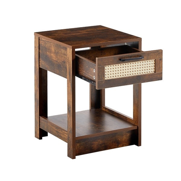 Modern Rattan End table/Side Table with 1 Drawer and 1 Open Shelf