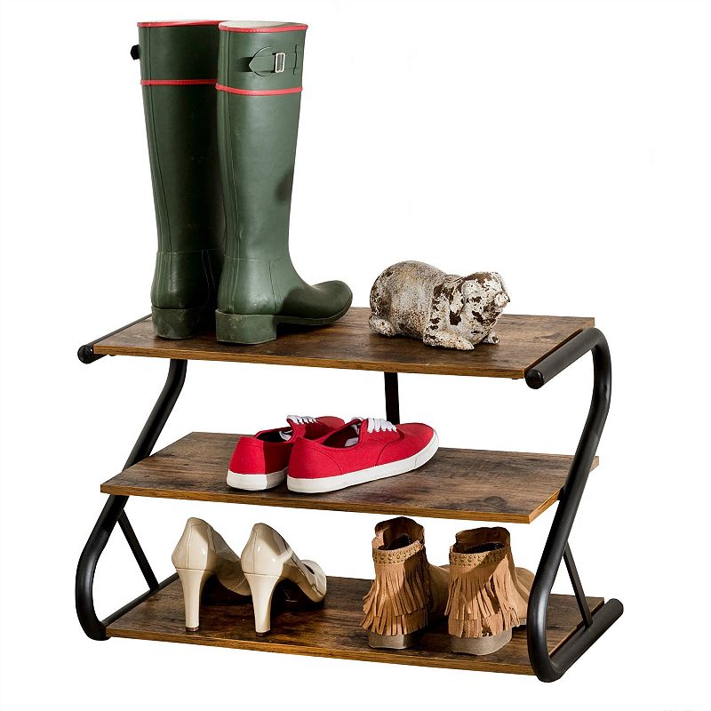 Modern Industrial Metal Wood 3-tier Shoe Rack - Holds Up To 9 Pair Of Shoes