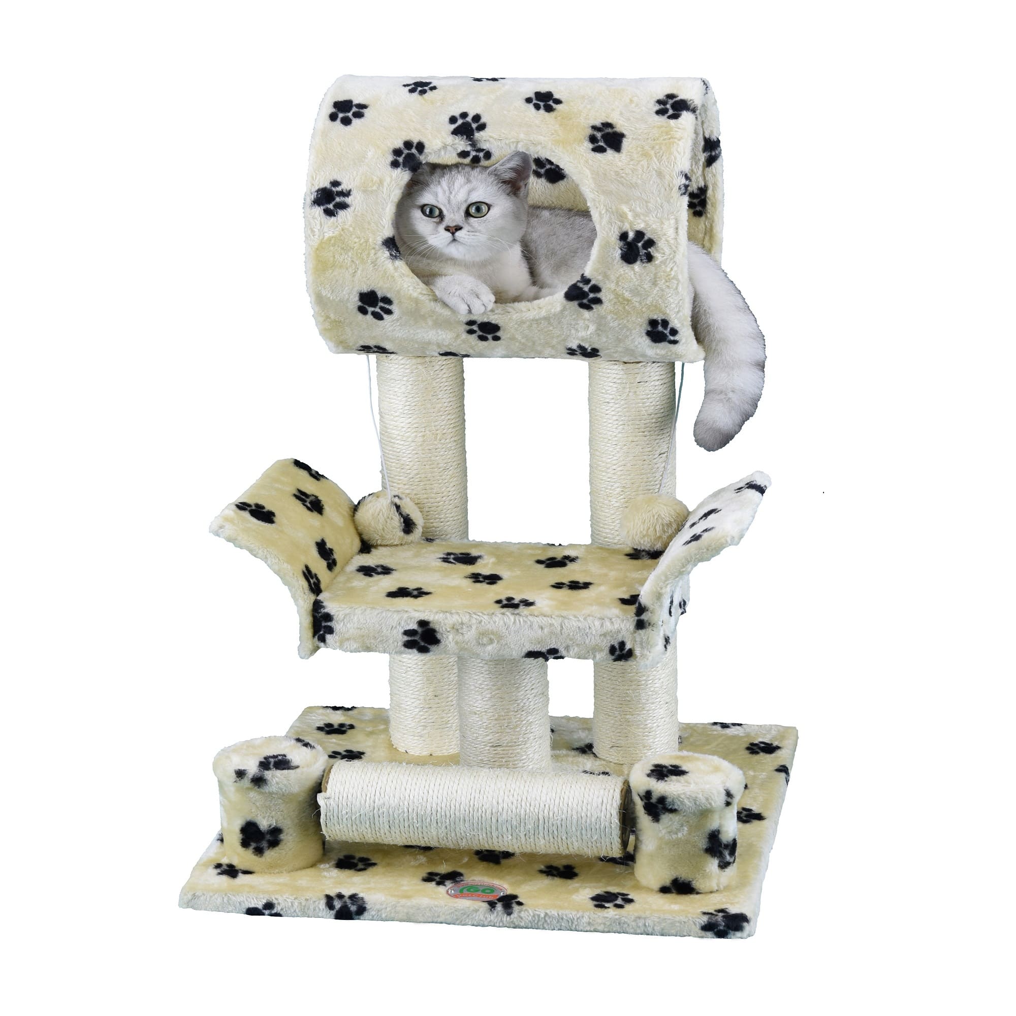 Go Pet Club Paw Print Cat Tree Scratcher Condo with Sisal Covered Toys， 28 H