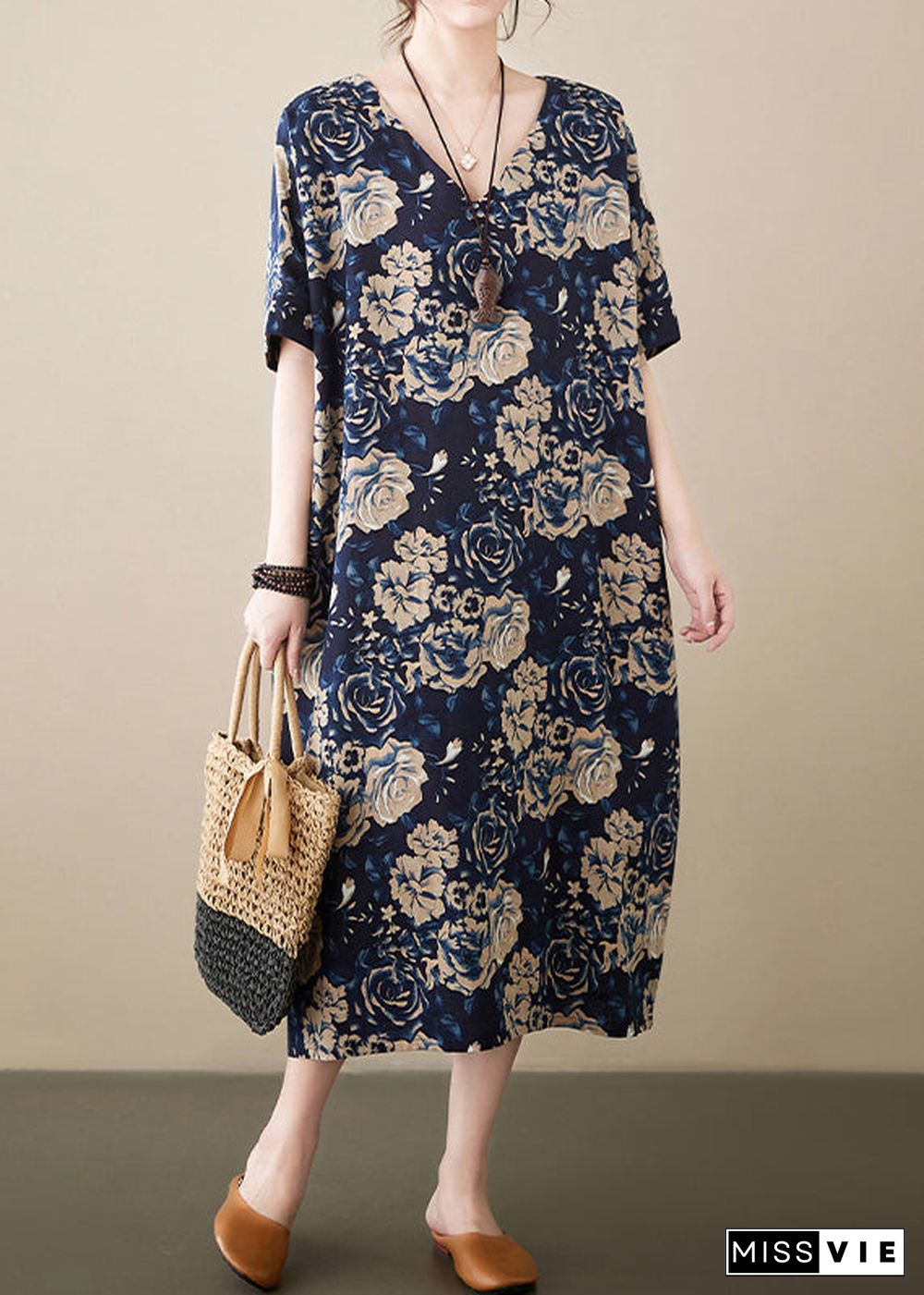 Navy Print Linen Robe Dresses V Neck Oversized Summer