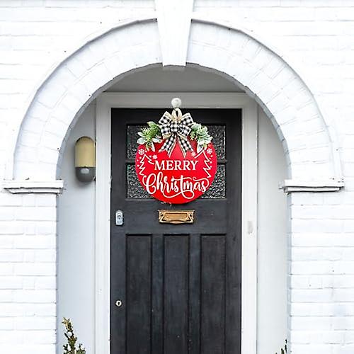 Merry Christmas Door Sign - Wooden Christmas Wreath with Buffalo Plaid Bow，Anti-Fade Bright Welcome