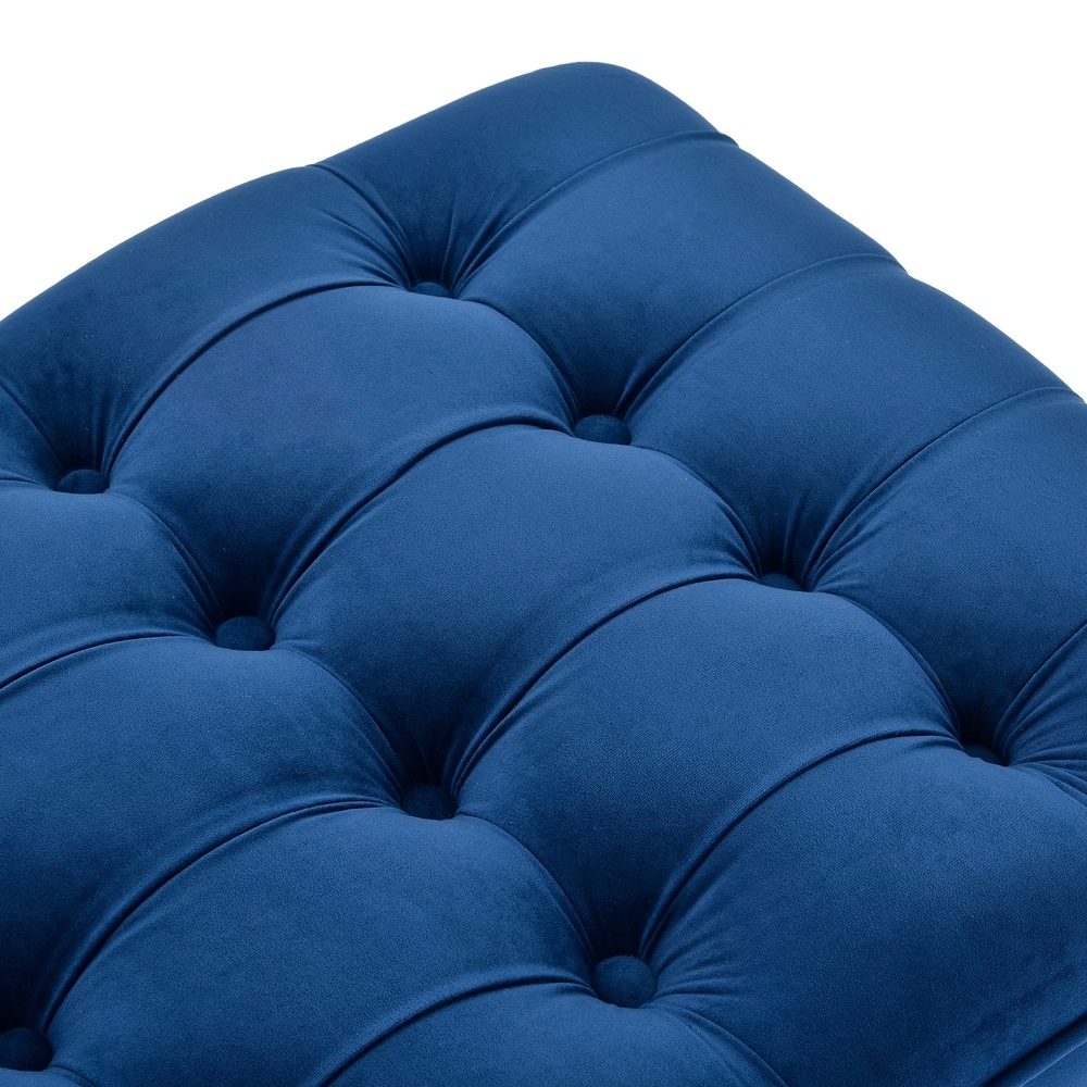 Blue Button Tufted Ottoman w/ Storage Bench Upholstered Fabrics