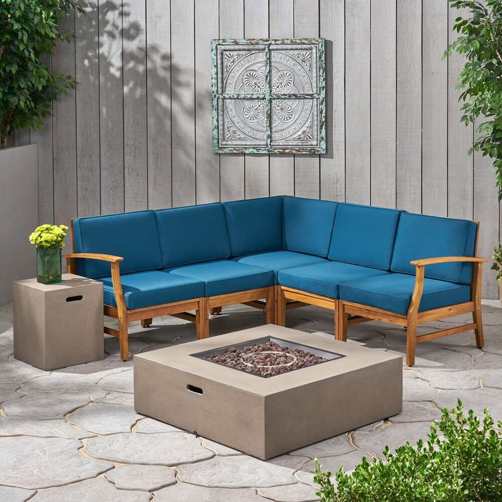 Illona Outdoor 5 Seater V Shaped Acacia Wood Sofa Set with Square Fire Table and Tank by Christopher Knight Home