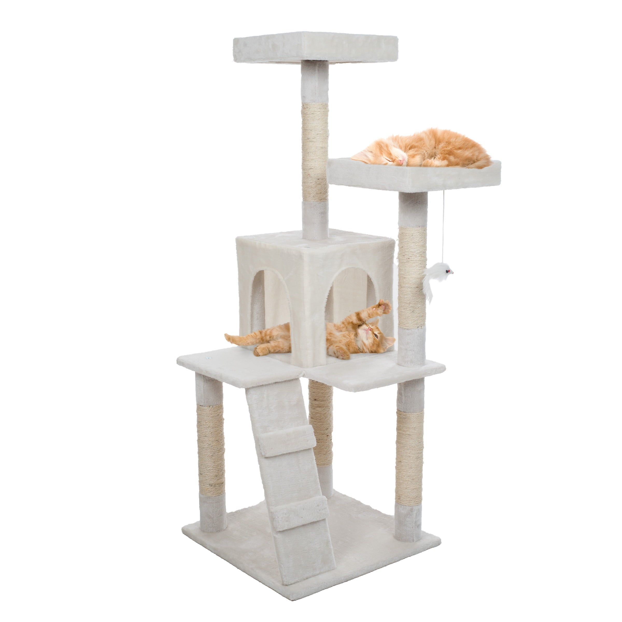 4-Tier Cat Tower with Napping Perches， Cat Condo， Ladder， 5 Sisal Rope Scratching Posts， Hanging Toy – Cat Tree for Indoor Cats by Petmaker (White)