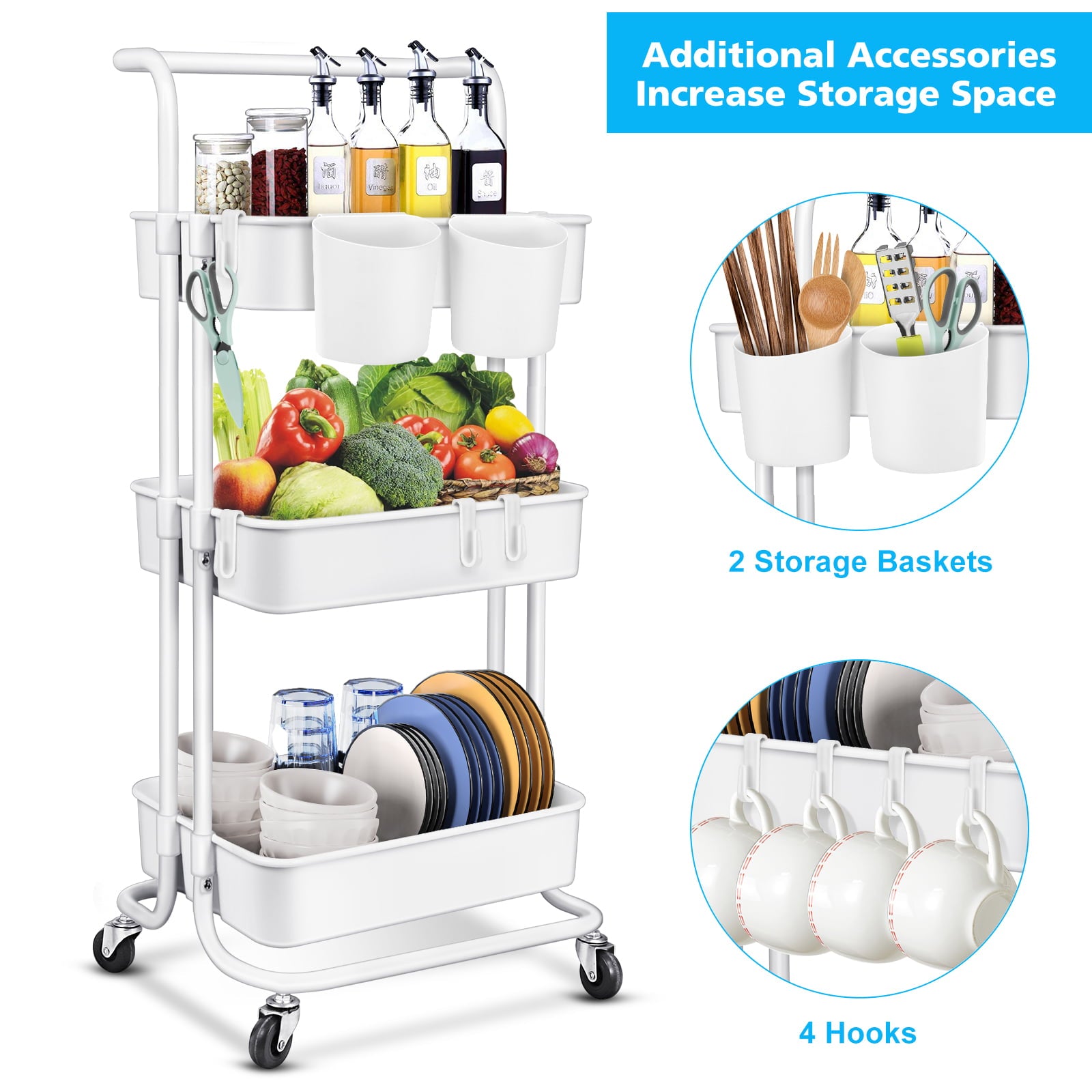 3-Tier Utility Rolling Cart，Mobile Utility Cart with Lockable Caster Wheels，Storage Shelves Organizer Cart， 4 Hanging Baskets， Easy Assembly，for Bathroom， Kitchen， Office， Workshop，White