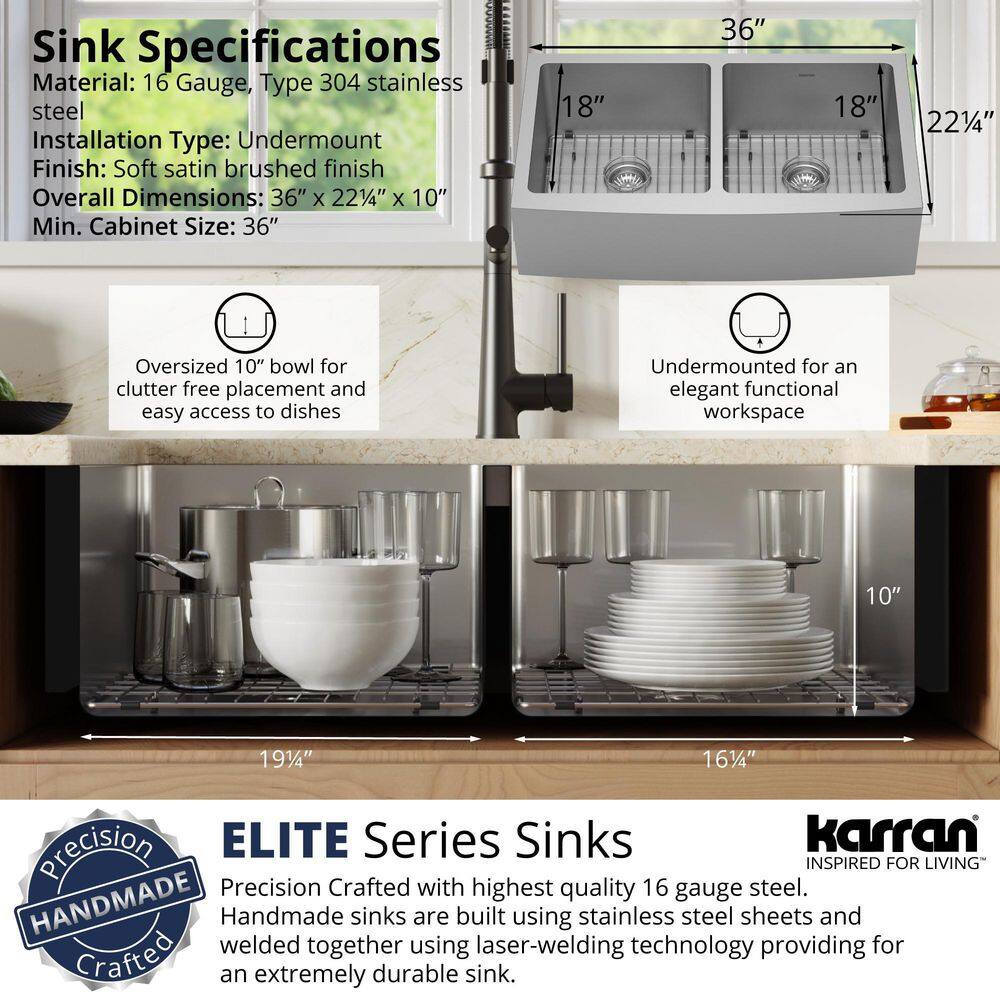 Karran 16-Gauge Stainless Steel 36 in. Double Bowl Farmhouse Apron Kitchen Sink with Grid and Basket Strainer EL-88-PK1