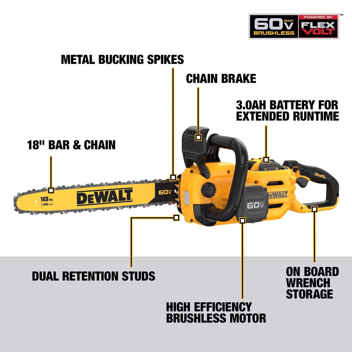 DW Flexvolt 18 in. 40.9 cc 60 V Battery Chainsaw Kit (Battery and Charger)