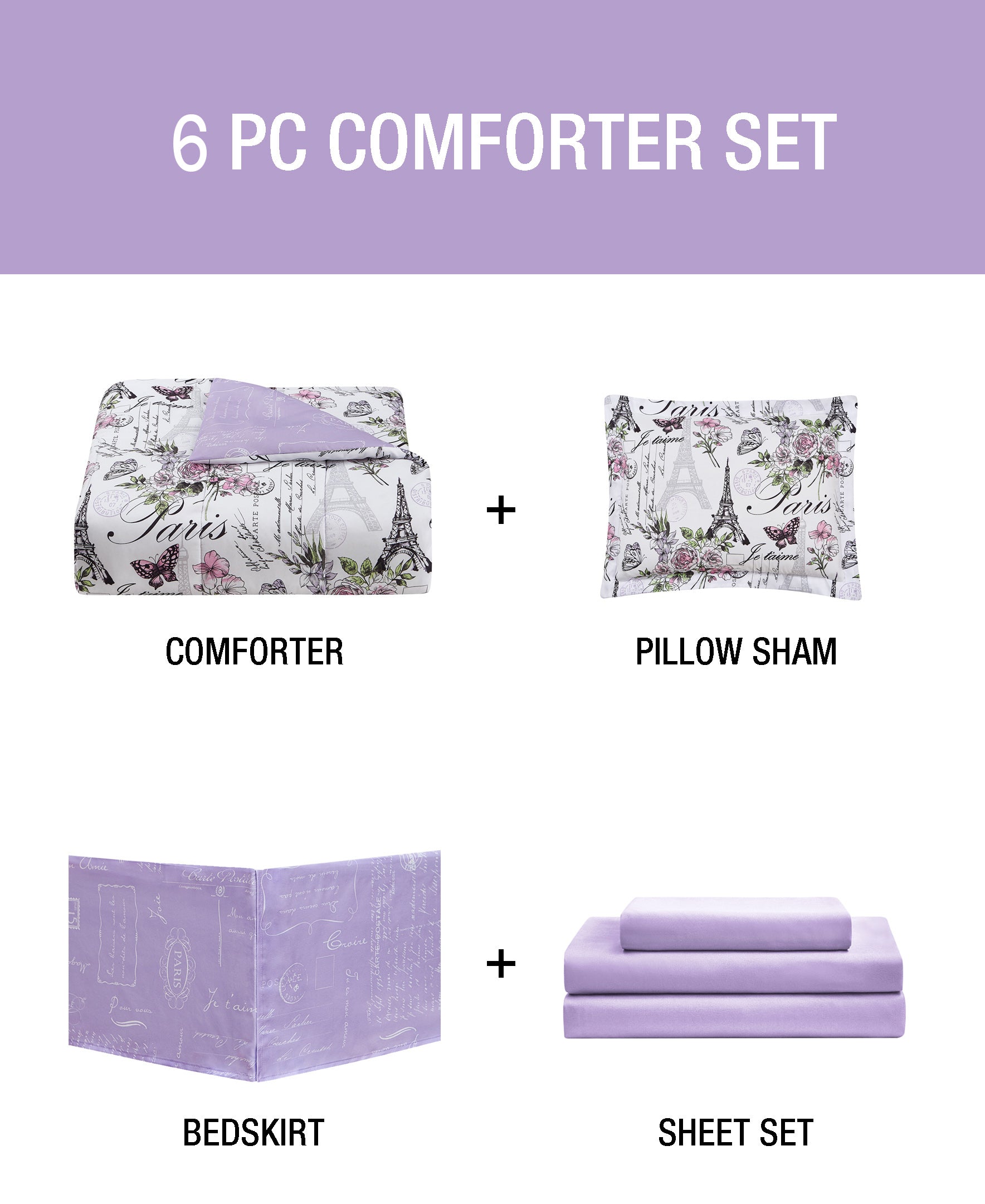 CEDAR COURT Paris Floral Lilac Ultra Soft Microfiber 6 Piece Reversible Comforter Bedding Set - Twin