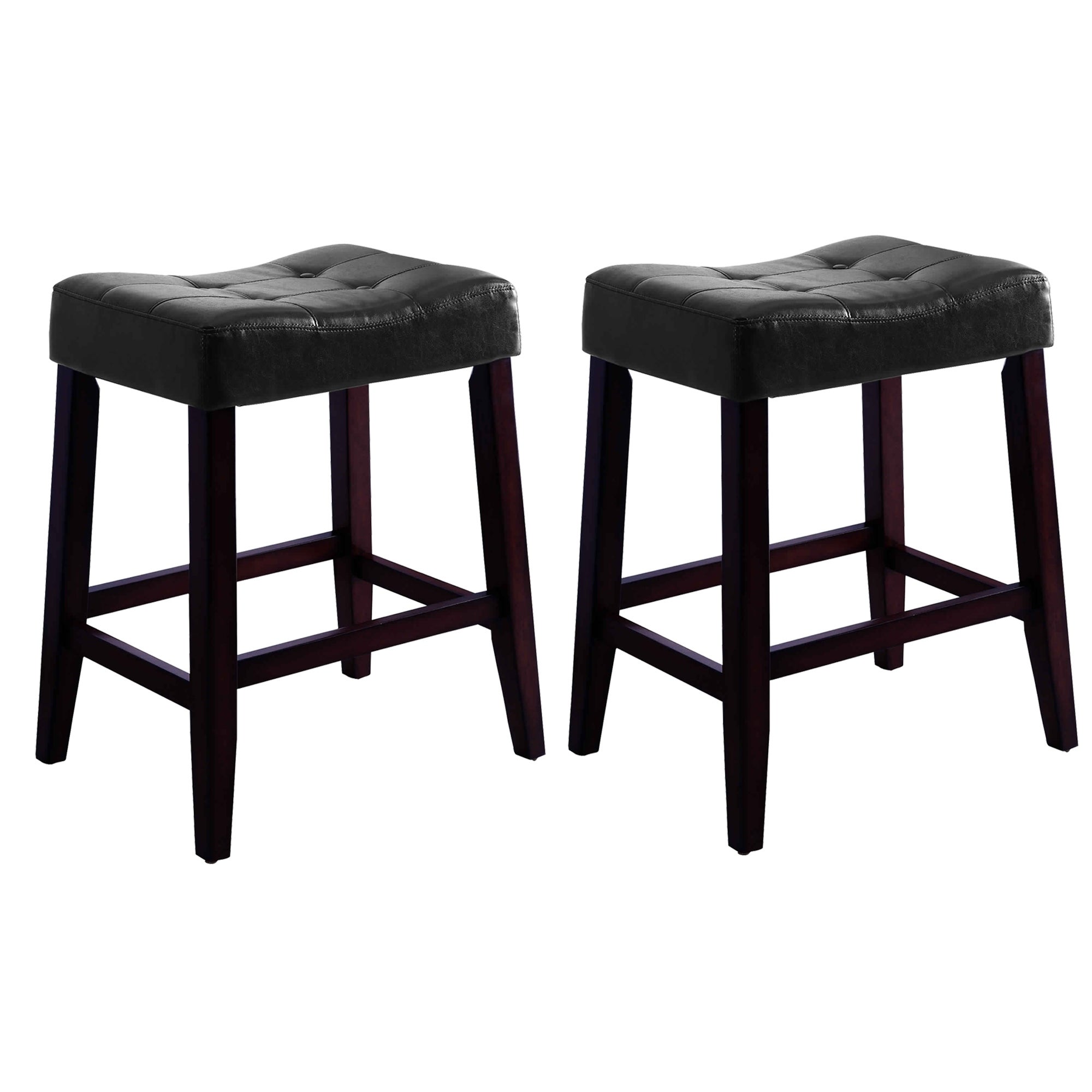 Wooden Stools with Saddle Seat and Button Tufts， Set of 2， Black and Brown