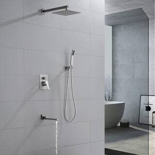 FLG Single-Handle Rain 1-Spray 10 in. Wall Mounted Tub and Shower Faucet with Hand Shower in Brushed Nickel (Valve Included) SS-0210-BN-10