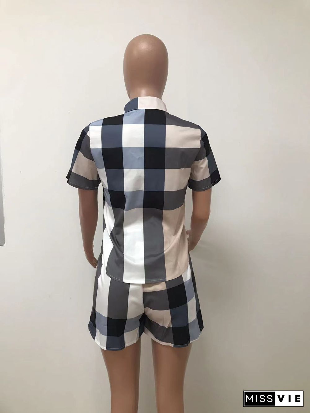 Classic Plaid Short Sleeve Shirt and Shorts Two Piece Set