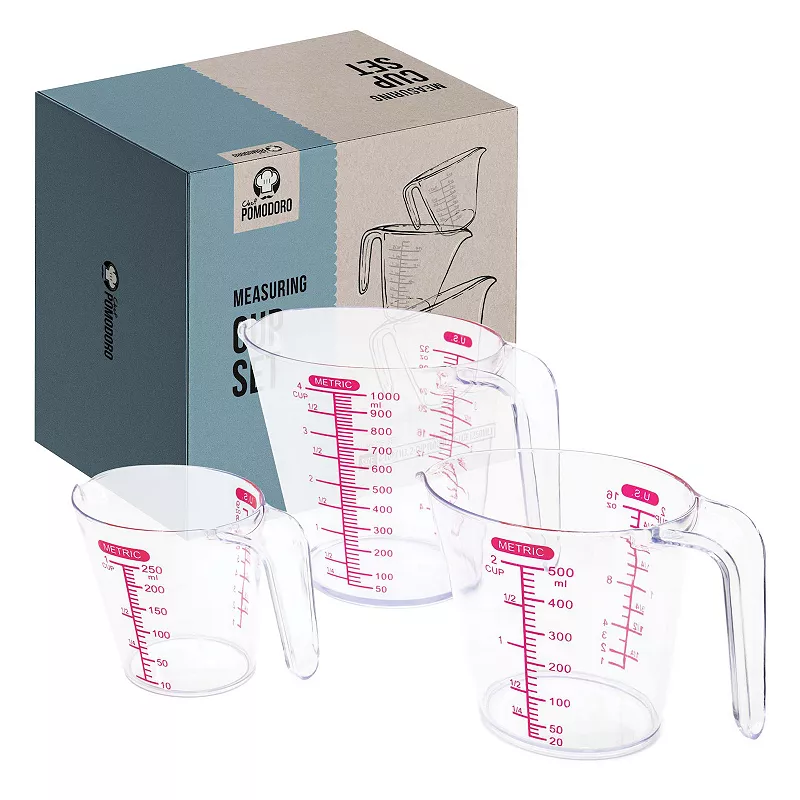 Chef Pomodoro 3-piece Measuring Cups， Multiple Measurement Scales - Includes 1， 2 And 4 Cup