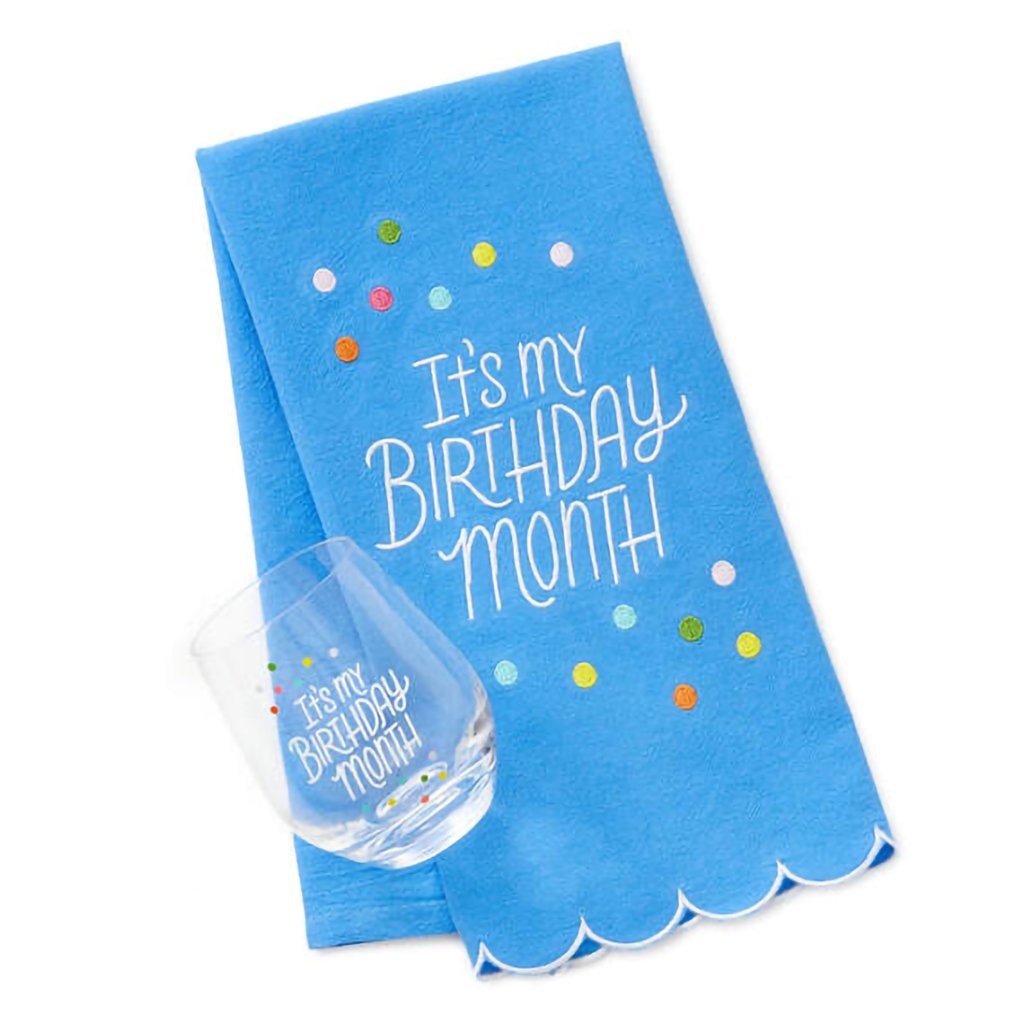 Hallmark  Birthday Month Tea Towel and Wine Glass Bundle