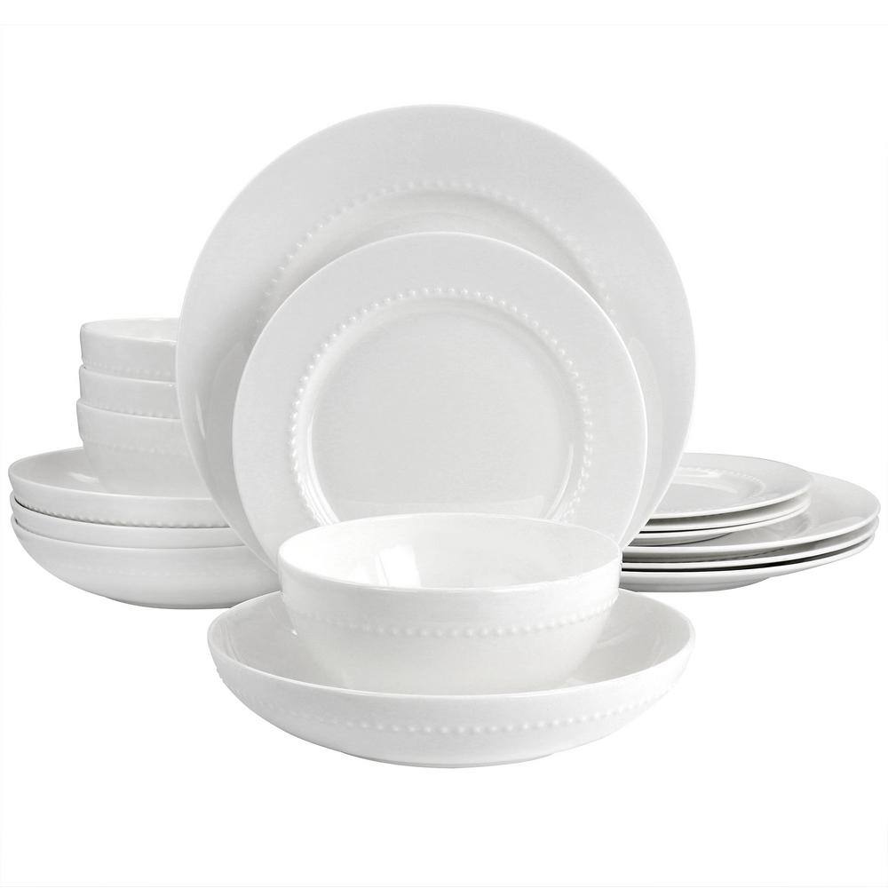 GIBSON ELITE Embossed Bone China 16-Piece Double Bowl Dinnerware Set in White 985118038M