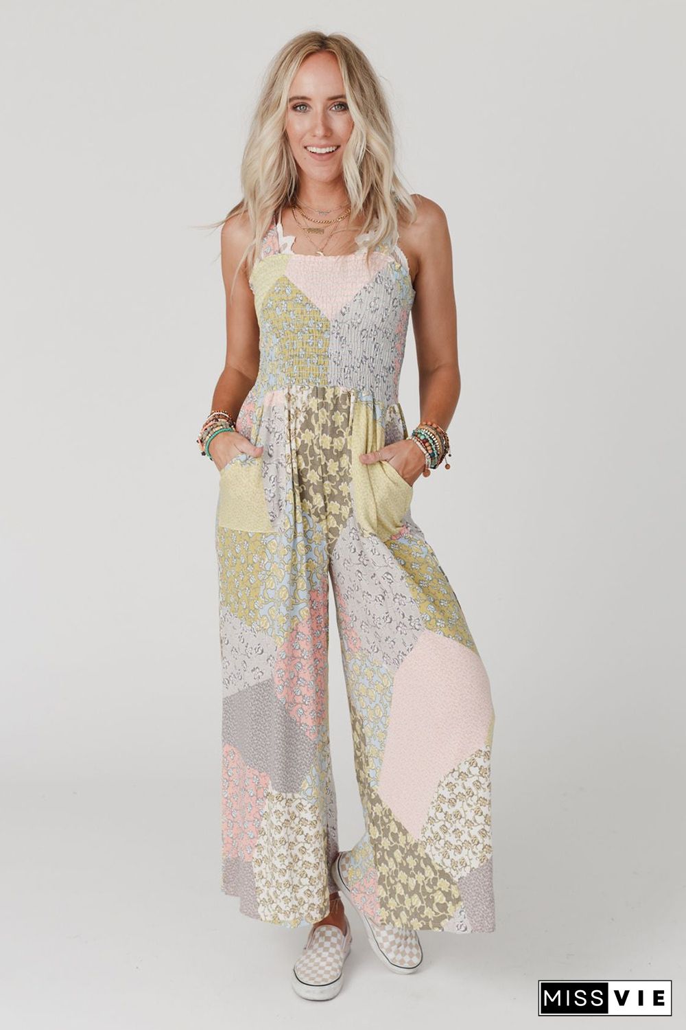 Multicolor Irregular Patchwork Print Smocked Wide Leg Jumpsuit