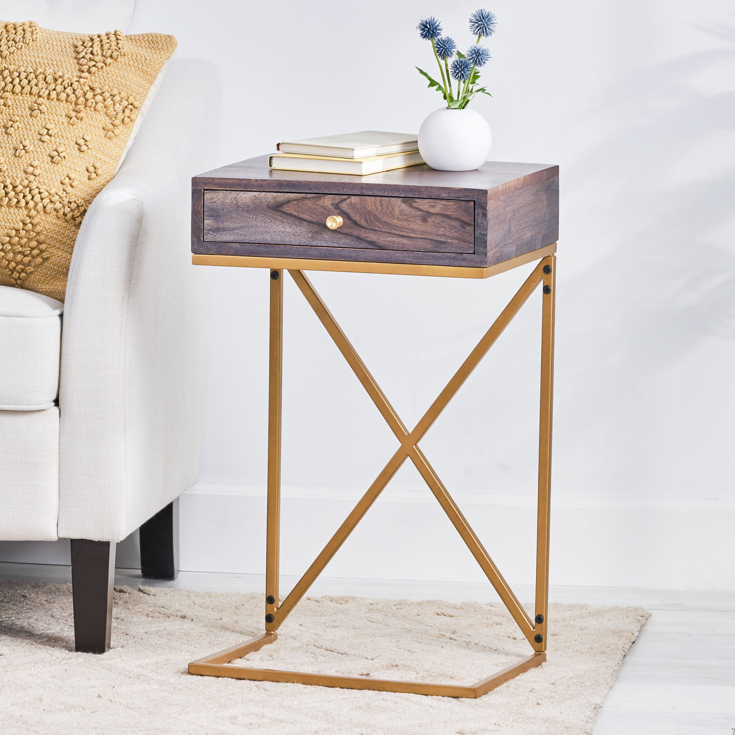 Darke Rustic Glam Handcrafted Acacia Wood C-Shaped Side Table, Dark Brown and Gold