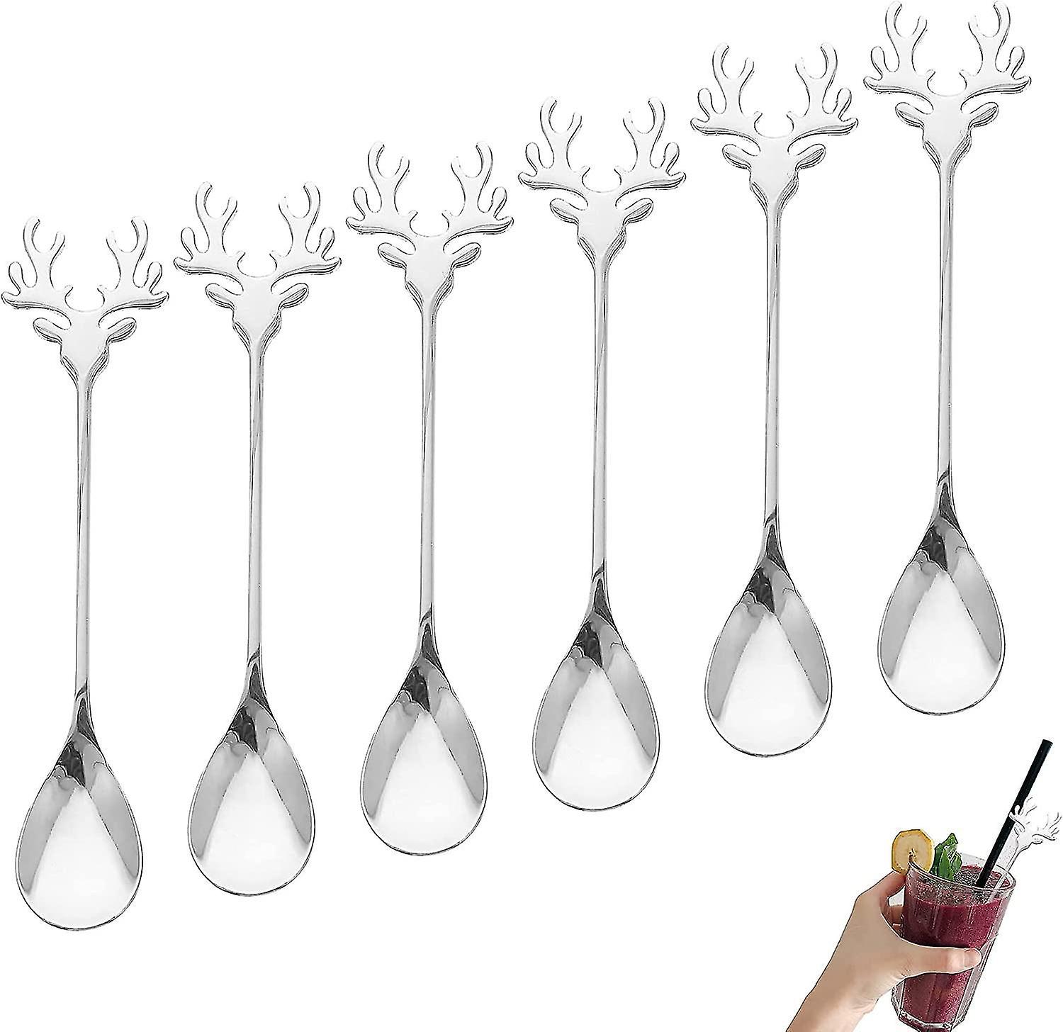 Elk-shaped Stainless Steel Dessert Spoon Coffee Stirring Spoon (silver) 6 Pieces (d-b2)