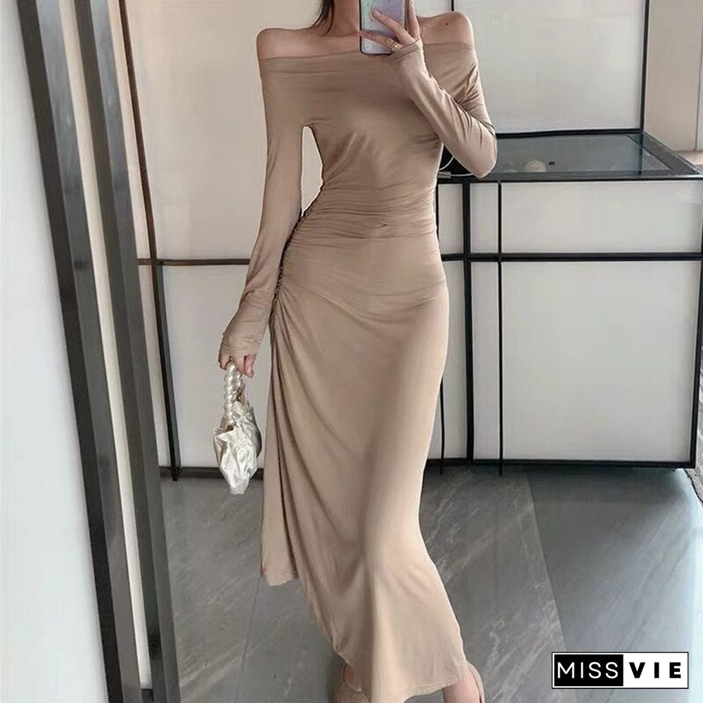 Ladies Dresses New Arrival Party Black Midi Off The Shoulder Long Dresses Women Irregular Dress Long Sleeves