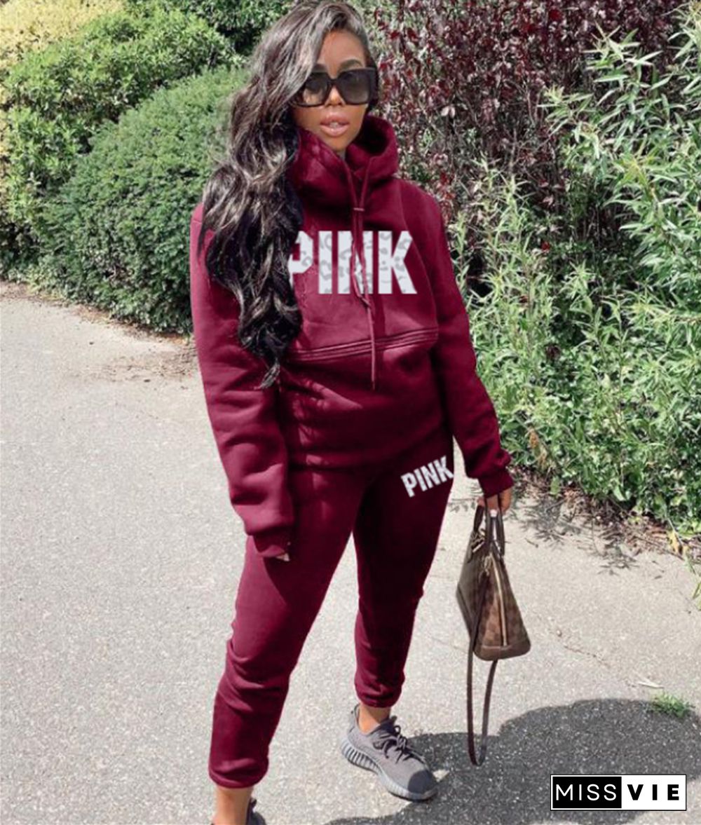 PINK Letter Hoodies Sweatshirt Long Pants 2 Piece Set