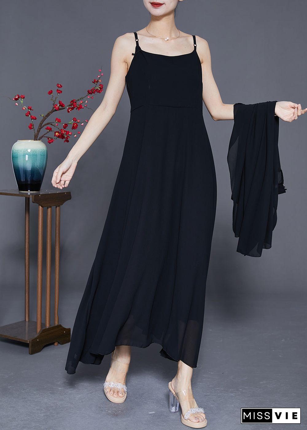 DIY Black Stand Collar Exra Large Hem Chiffon Dress Two Pieces Set Summer