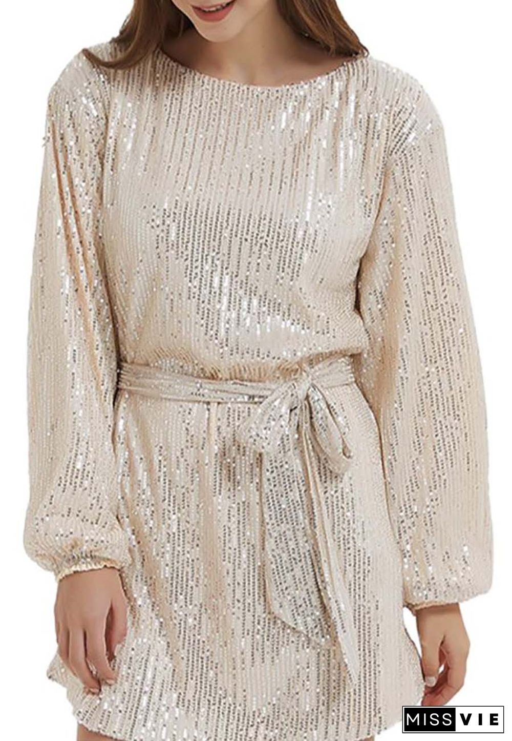 Anna-Kaci Women's Sparkly Sequins Party Dress Long Sleeve Crew Neck Elegant Loose Fashion Dresses