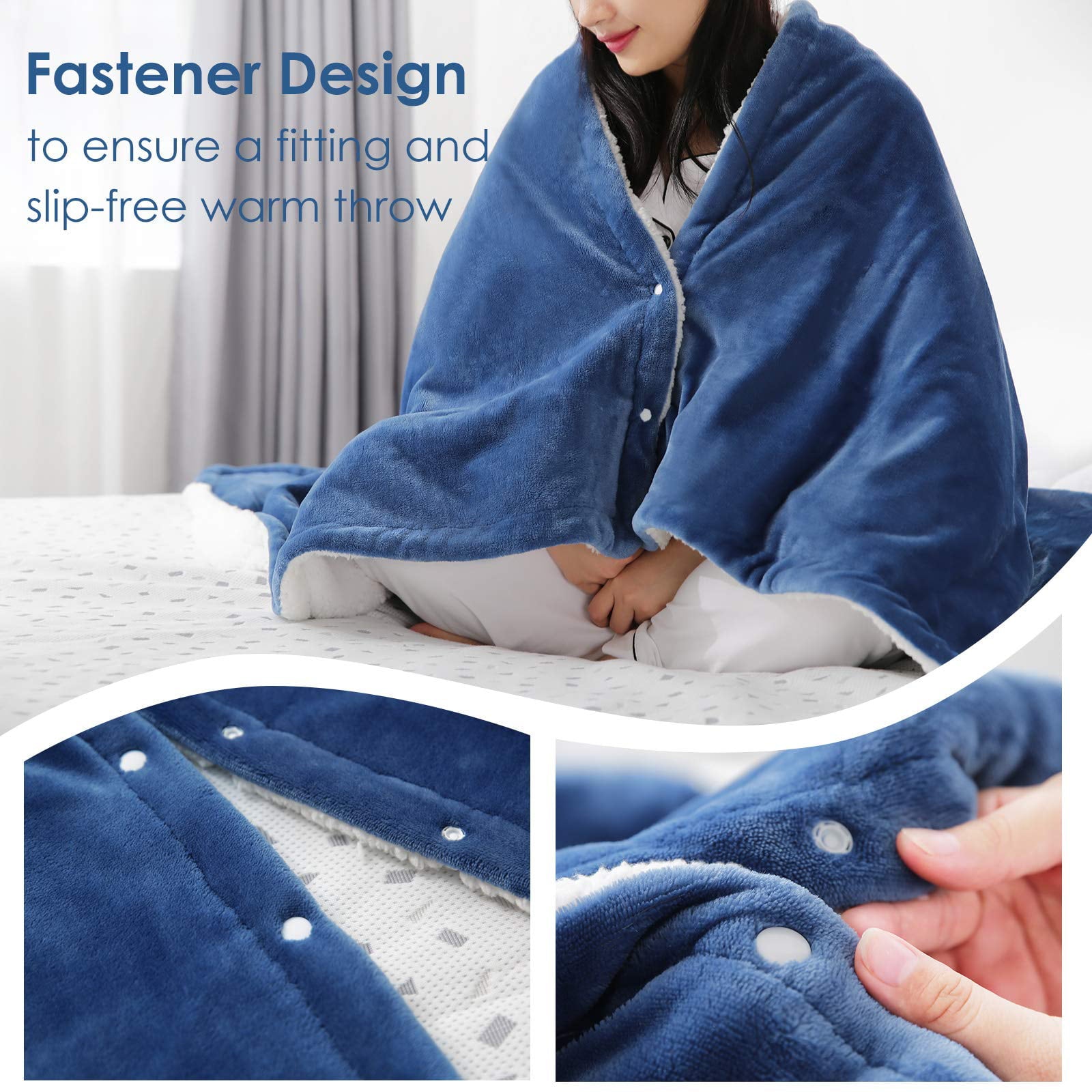 Electric Blanket  50'' x 60'' Flannel and Shu Velveteen Heated Throw with 6 Heating Levels 5 Auto-off Timing Settings Machine Washable - Blue