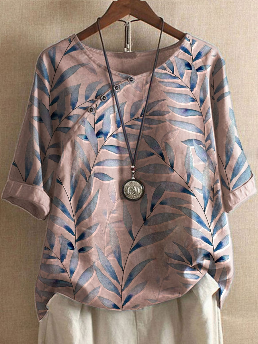 Round Neck Cotton And Linen Leaf Print Blouse