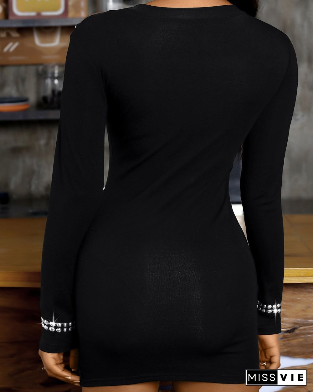 Studded One Shoulder Long Sleeve Bodycon Dress P15640