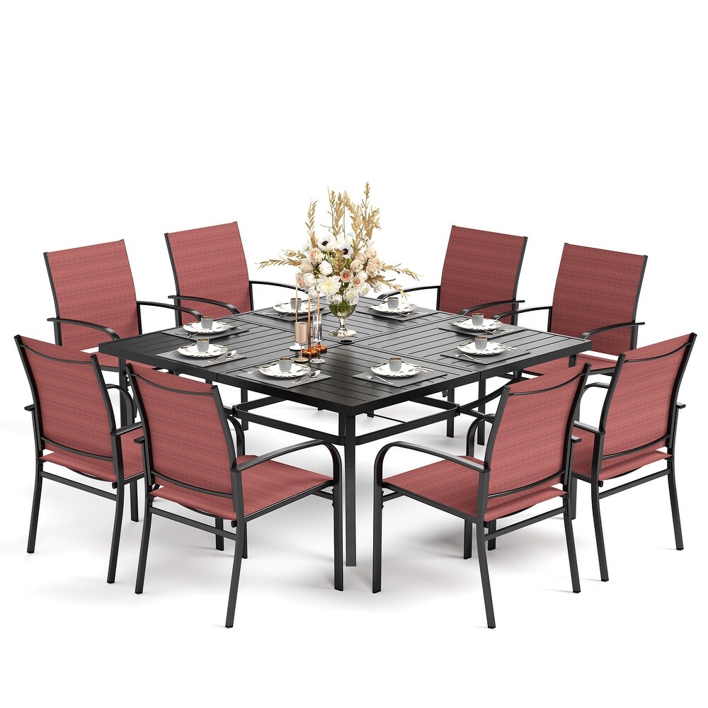 9 Piece Patio Dining Set  60 Inch Square Metal Table and 8 Textilene Dining Chairs