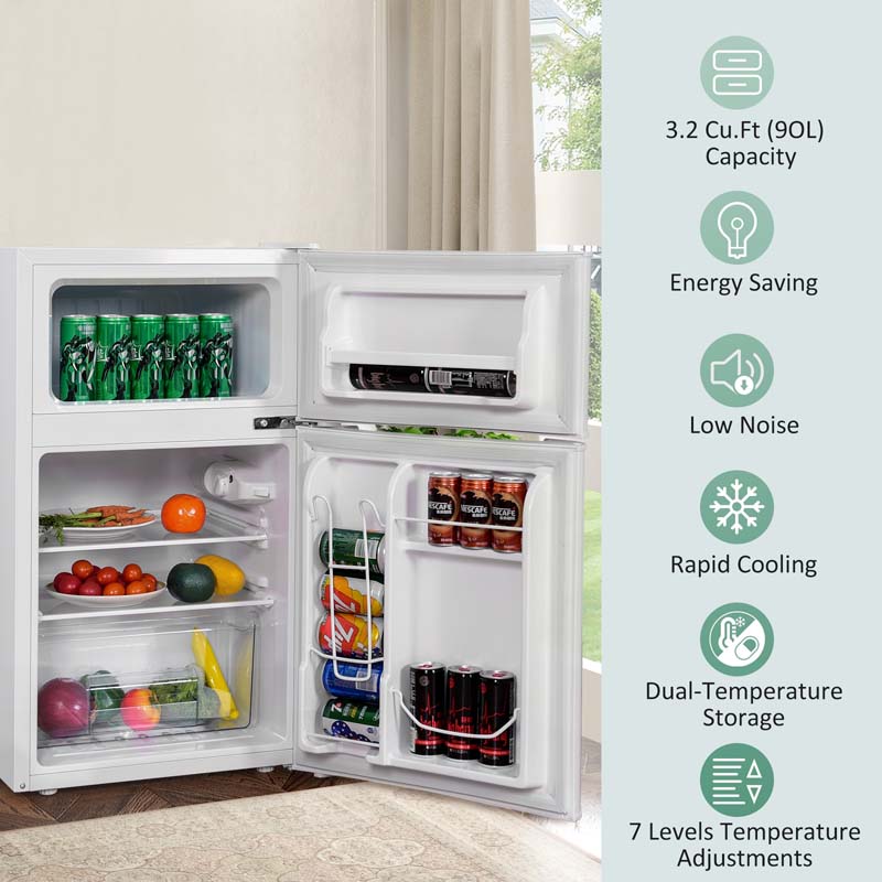 3.2 Cu.Ft 2-Door Compact Refrigerator Mini Freezer Cooler Fridge with Reversible Stainless Steel Door