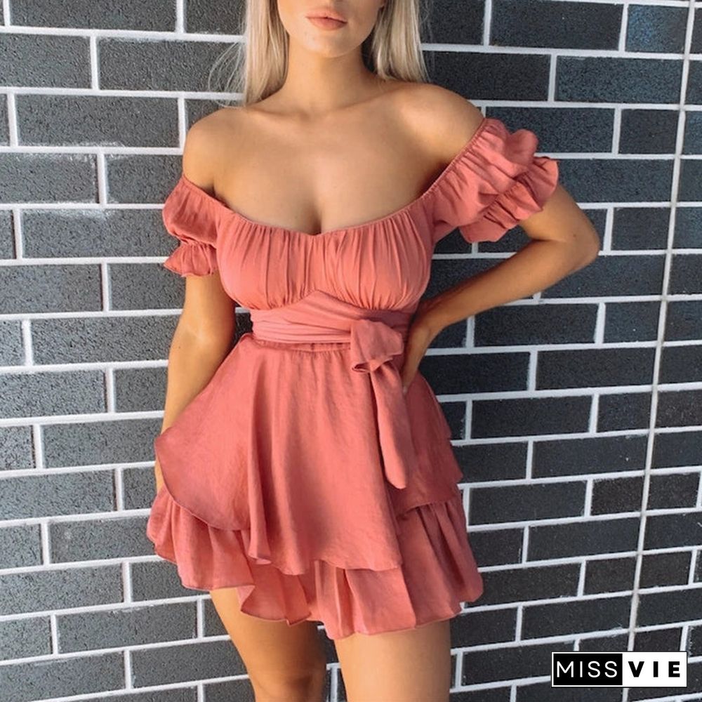 Dressy Frill Ruched Layered Ruffle Off Shoulder Tie Back Romper Dress