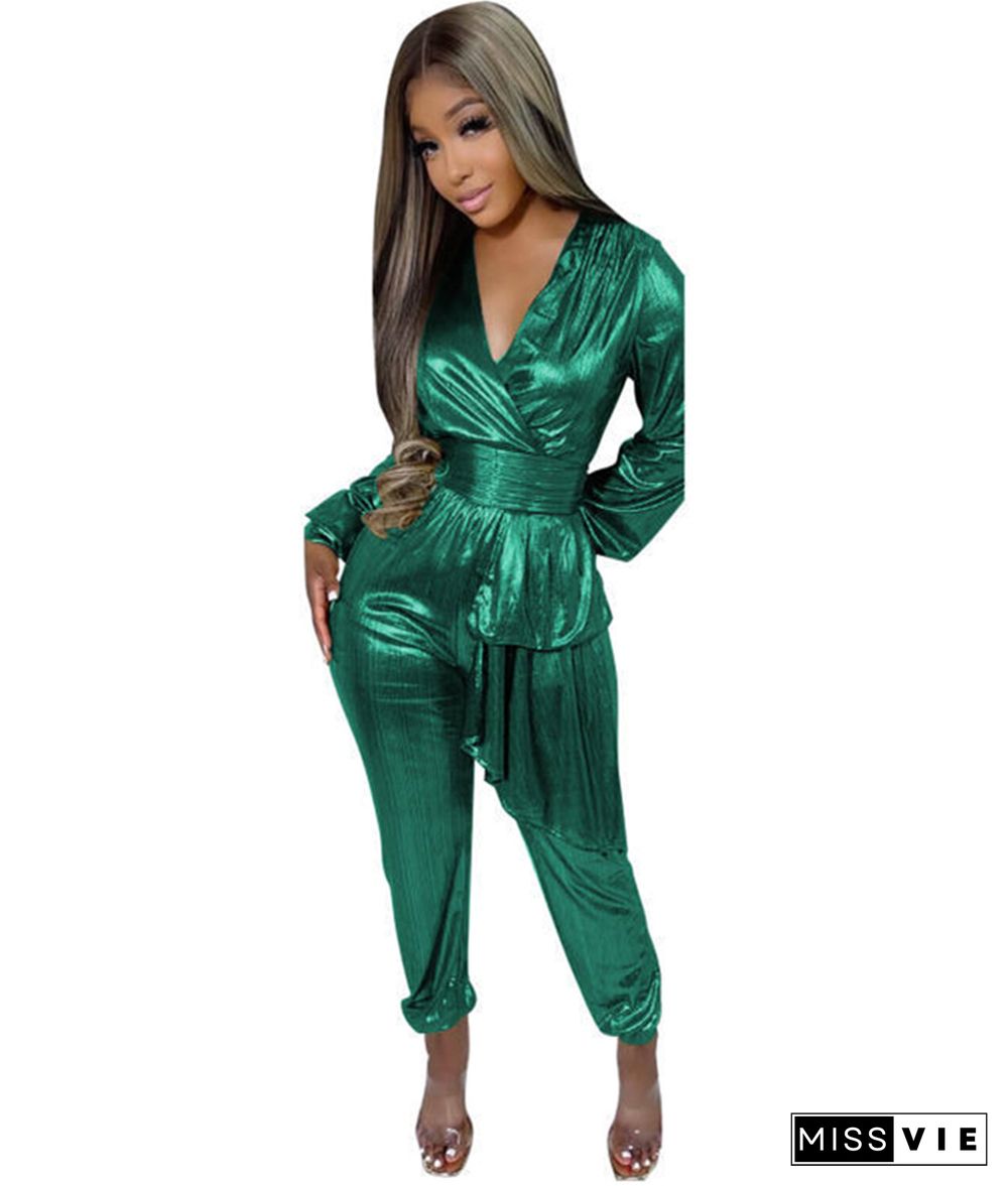 Sexy V Neck Long Sleeve Club Bronzing Jumpsuit