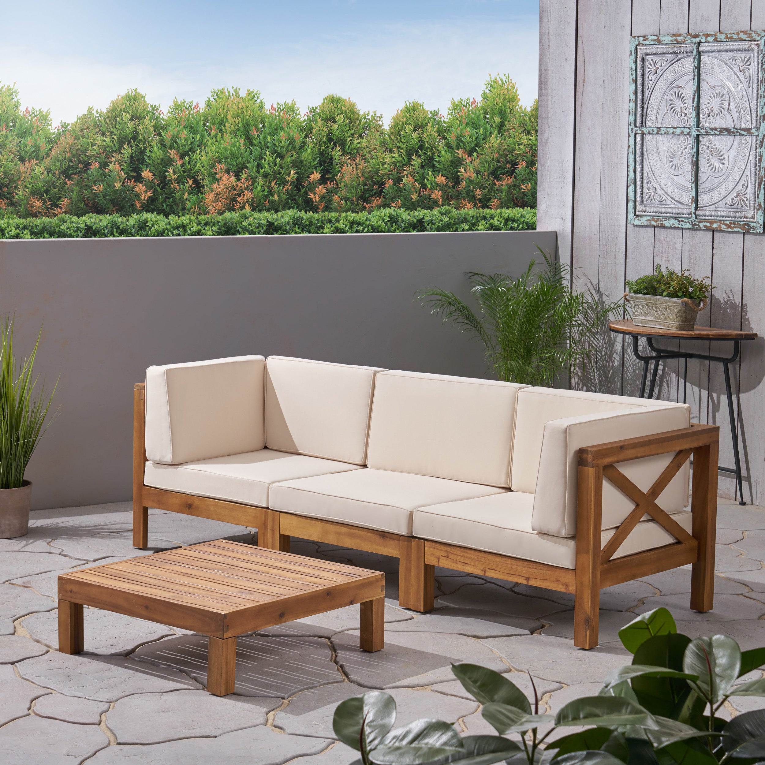 Brava Outdoor Modular Acacia Wood Sofa and Coffee Table Set with Cushions