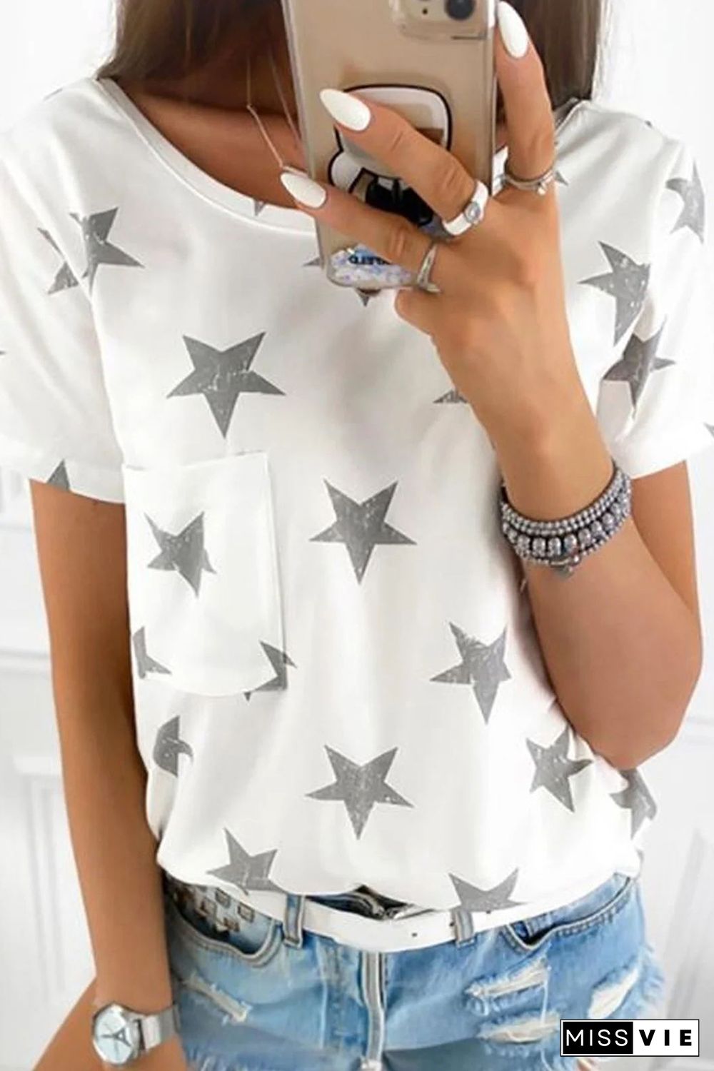 White Casual Star Pocket Tee