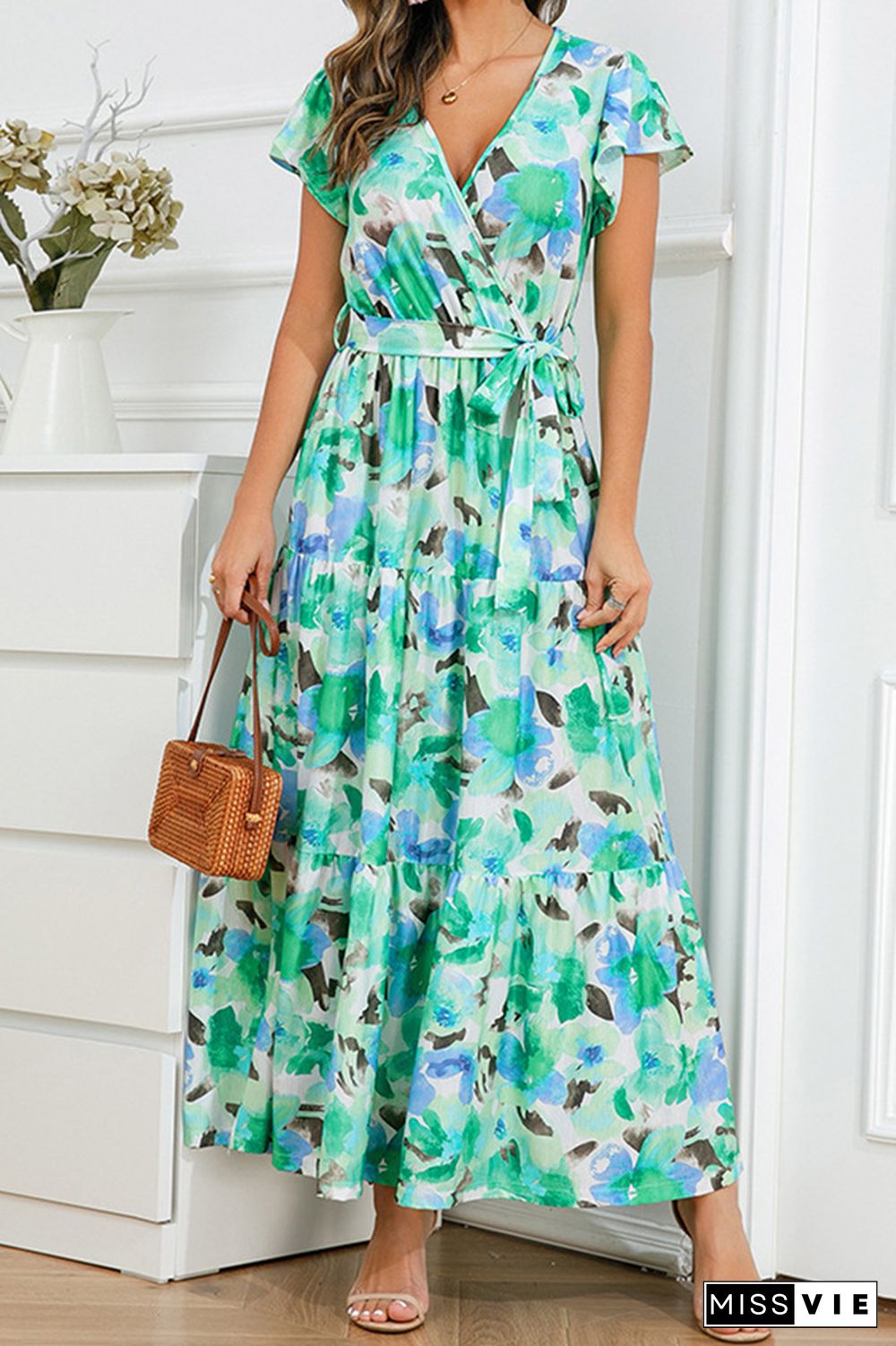 V Neck Flare Sleeves Floral Maxi Dress With Sash