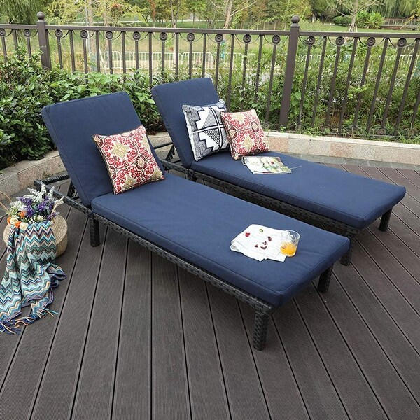 2PCS Outdoor Patio Wicker Rattan Chaise Lounge Chairs with CushionandAdjustable Backrest， Navy Blue