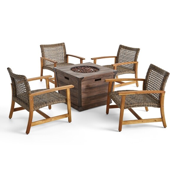 Hampton Outdoor Wood and Wicker Club Chair Set with Fire Pit by Christopher Knight Home