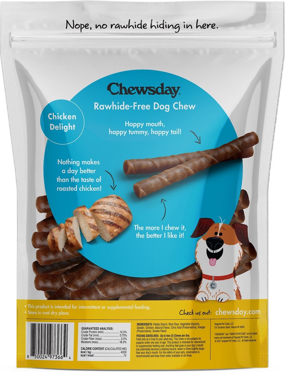 Chewsday Chicken Delight Chew Twists Rawhide-Free Dog Hard Chews， 28 count