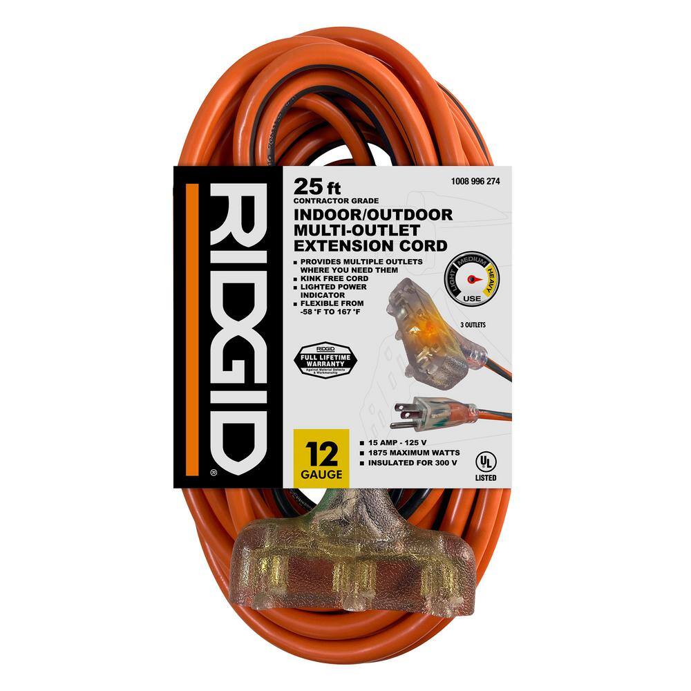 RIDGID 25 ft. 123 Heavy Duty IndoorOutdoor Extension Cord with Tritap Lighted End OrangeGrey 76025RGD