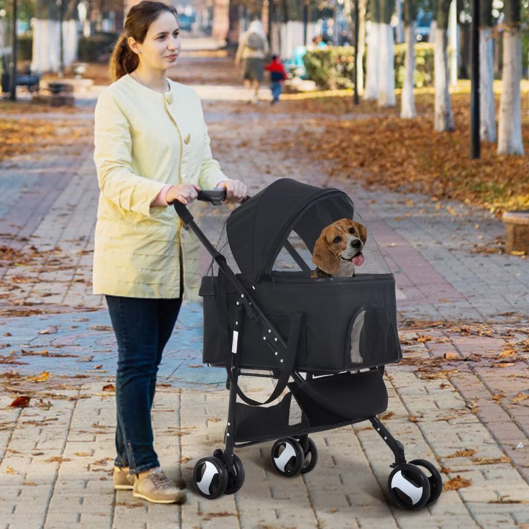 Dkelincs Pet Stroller， 3 Wheels Folding Dog Stroller for Medium Dogs with Detachable Carrier， Black