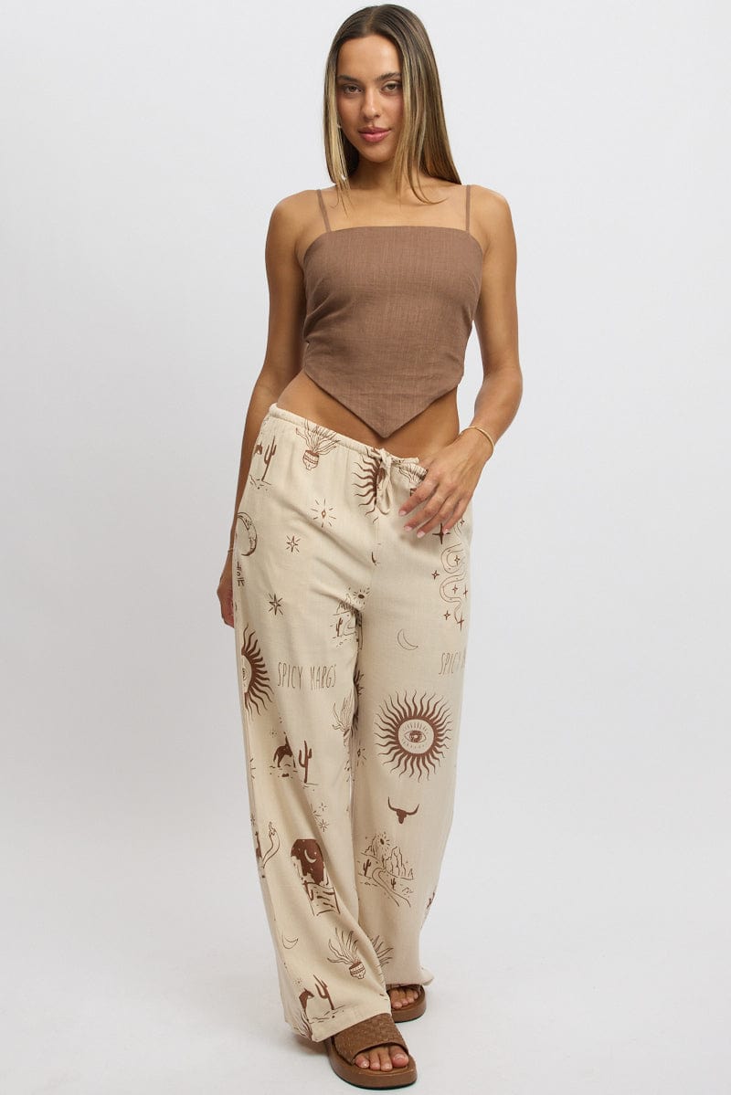 Beige Abstract Wide Leg Pants High Rise