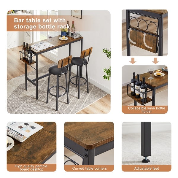 3pcs Industrial Style Bar Table Set with Wine Bottle Storage Rack