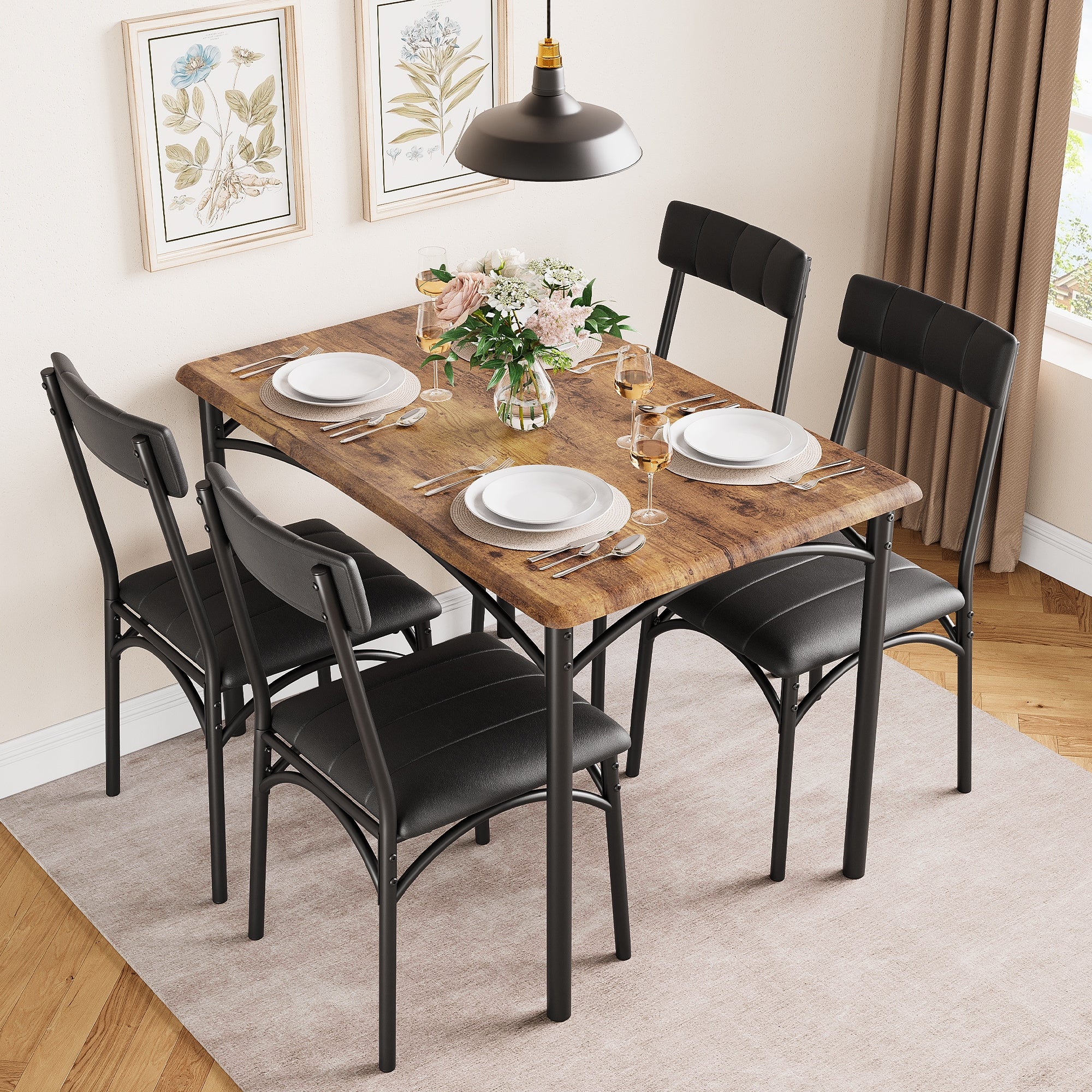 Dining Table Set for 4， Kitchen Table and Chairs， Metal and Wood Rectangular Dining Room Table Set with 4 Upholstered Chairs