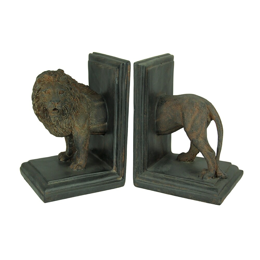 Antique Stone Finish Lion Top And Tail Bookend Set   6.5 X 4.25 X 4 inches