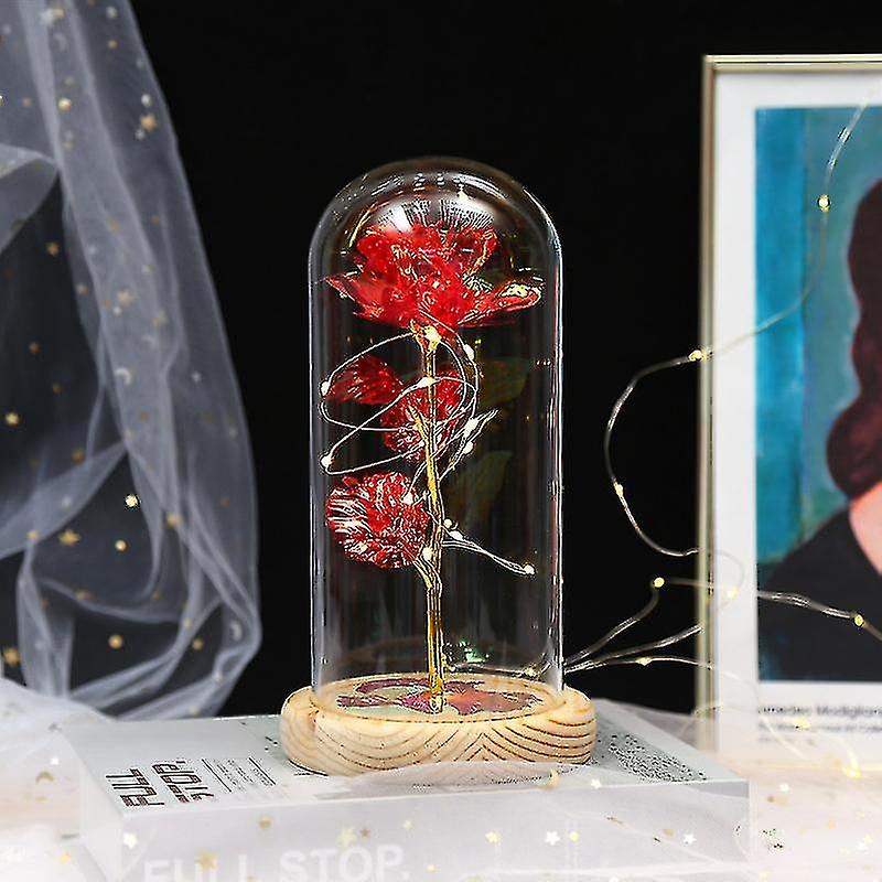 Eternal Roses Beauty And Animal Rose Kit In Glass Dome Led Lights Artificial Flowers Rose Gifts For