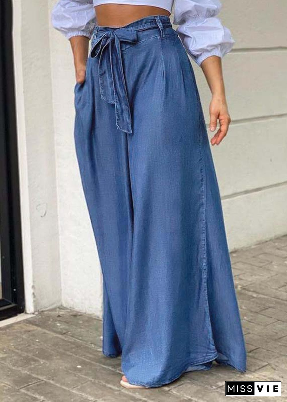 Italian Blue Tie Waist Oversized Denim Wide Leg Pants Trousers Summer