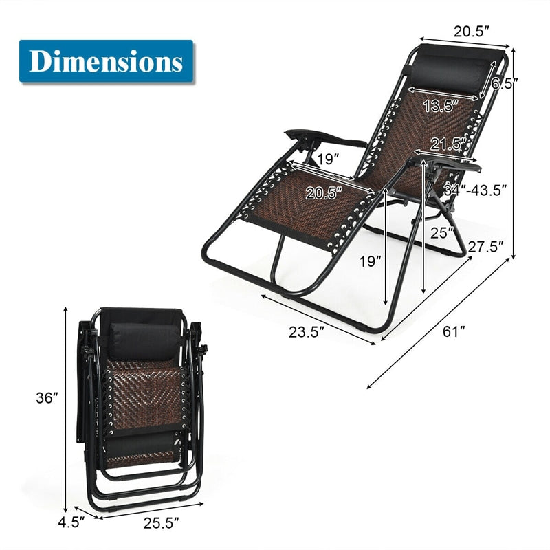 Rattan Folding Zero Gravity Lounge Chair Outdoor with Removable Pillow, Locking System, Adjustable Portable Patio Armchair