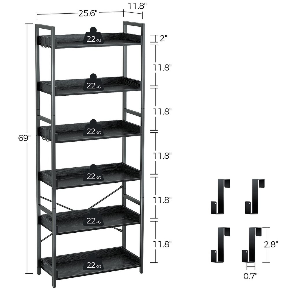 Bookshelf 6 Tier with 4 Hooks  Industrial Bookcase  Vintage Storage Rack with Open Shelves for Living Room  Bedroom