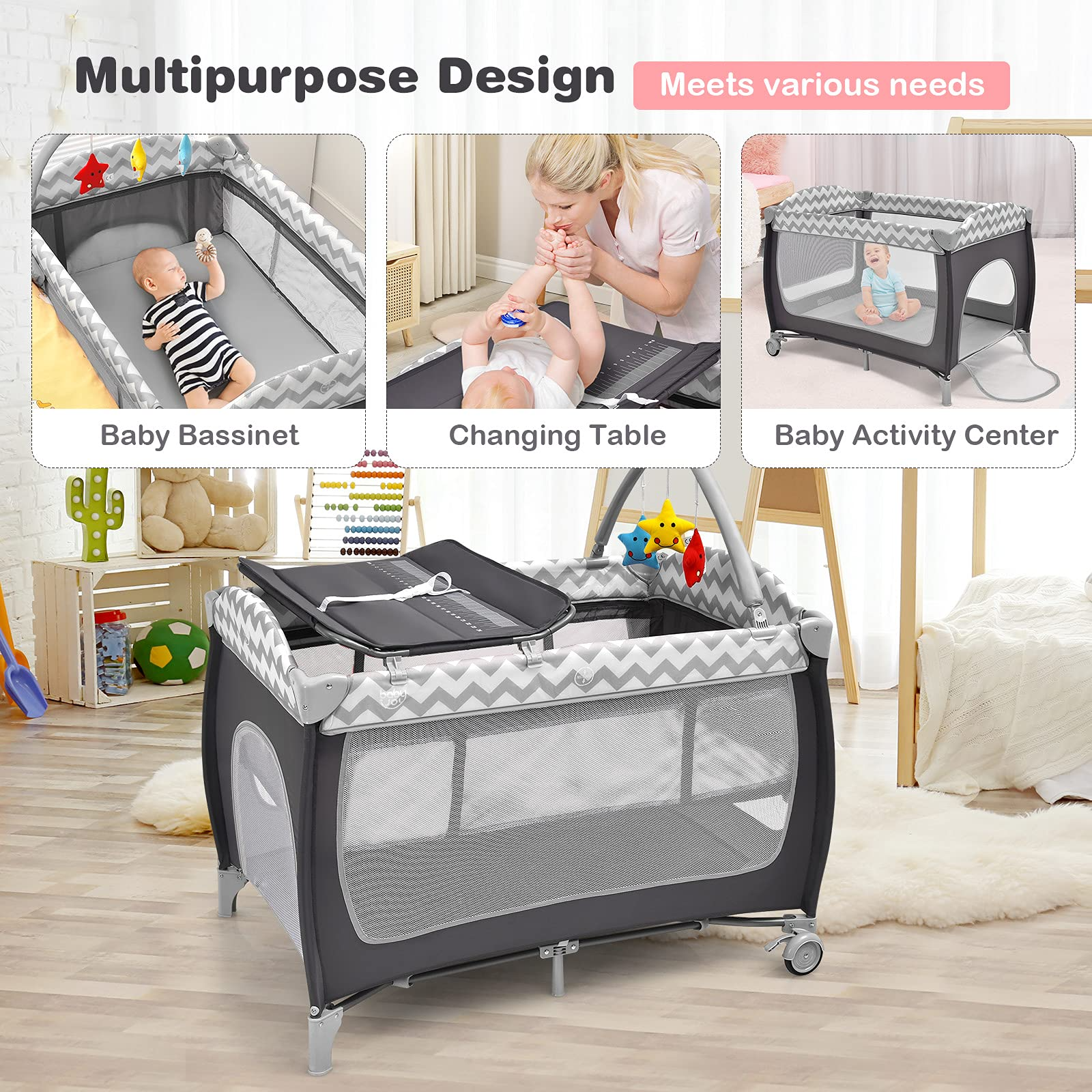 BABY JOY 4 in 1 Pack and Play, Portable Baby Playard with Bassinet Bed, Side Zipper Door