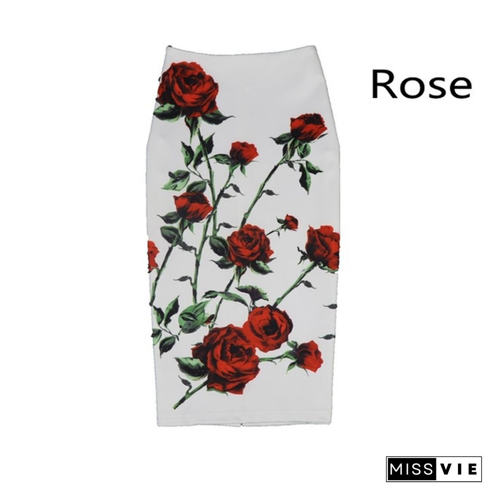 Ready Stock Fashion Women Elastic High Waist Pencil Skirts Midi Skirt Women Printed Ol Work Wear Summer New Plus Size Short Skirt